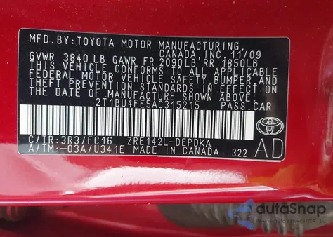 2010 Toyota Corolla Le из США, поврежденный, VIN 2T1BU4EE5AC315215